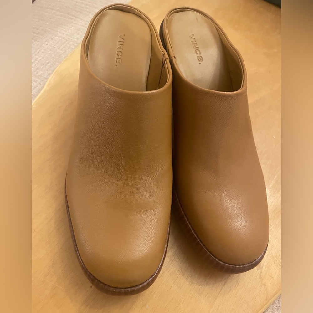 Vince Tan Leather Mule Clogs Size 9.5 Heeled Slip-On Swedish Style Women’s Shoes - Picture 5 of 7